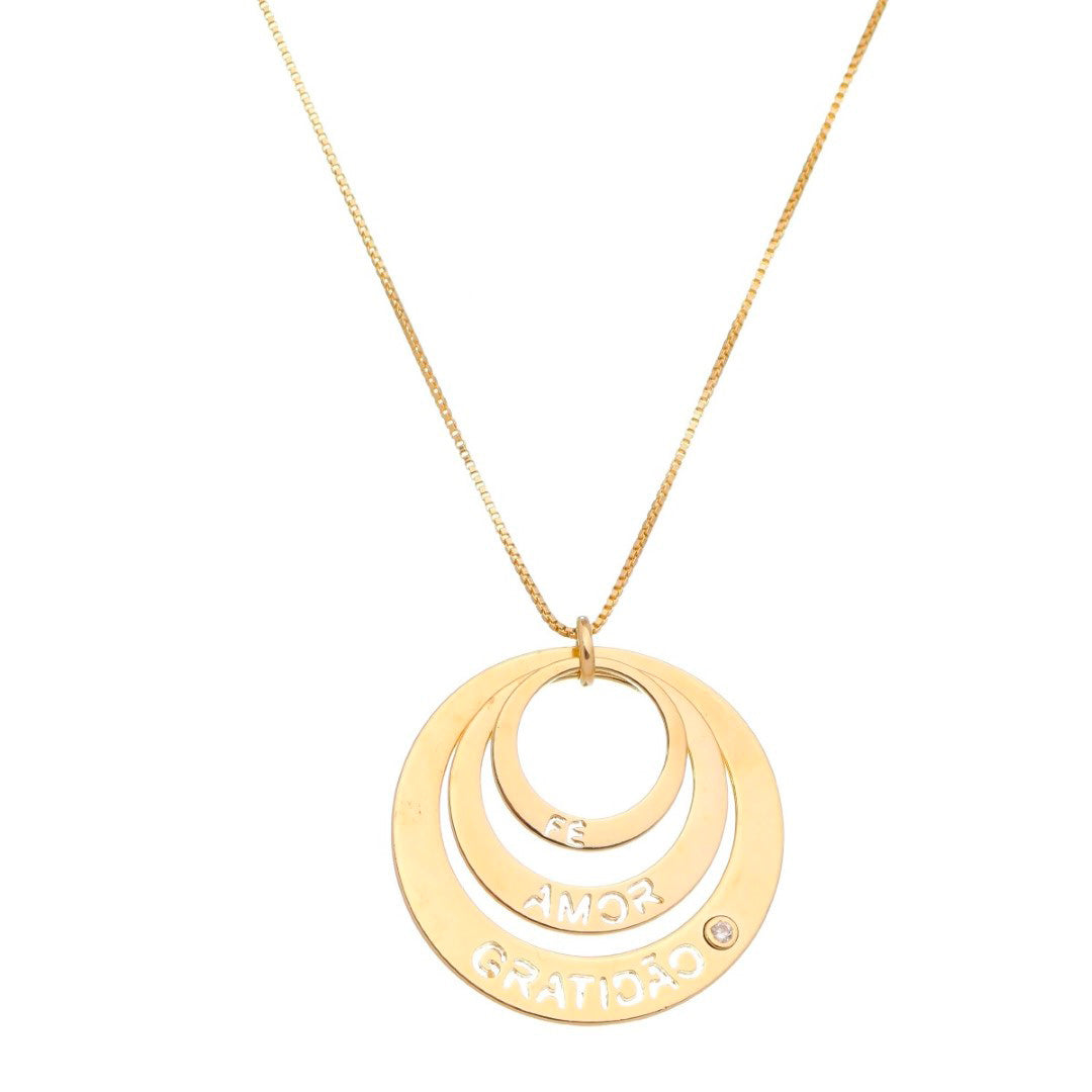 Colar Longo Life Círculos Fé, Amor e Gratidão Folheado a Ouro 18k
