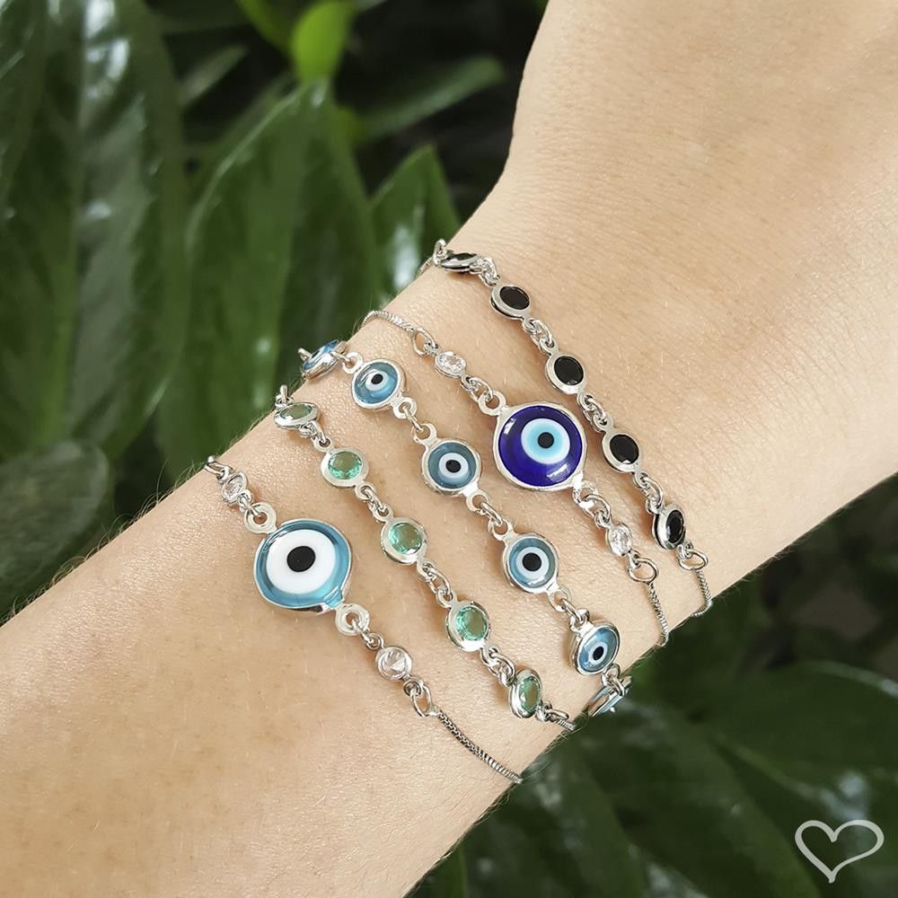 Pulseira Ajustável Folheada em Ródio Branco Olho Grego Ruby Zircônias Cristais Piuka