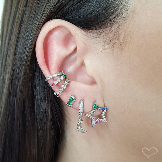 Piercing Piuka Pressão Lili Elos Estrelas Folheado Ródio Branco