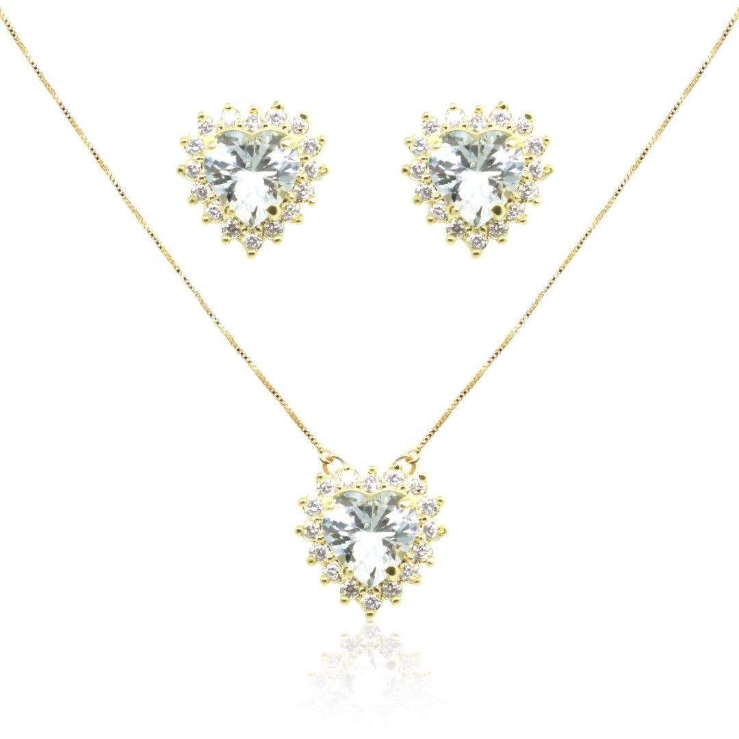 Conjunto Piuka Colar e Brinco Coração Cristal Zircônias Cravejadas Semijoia a Ouro 18k