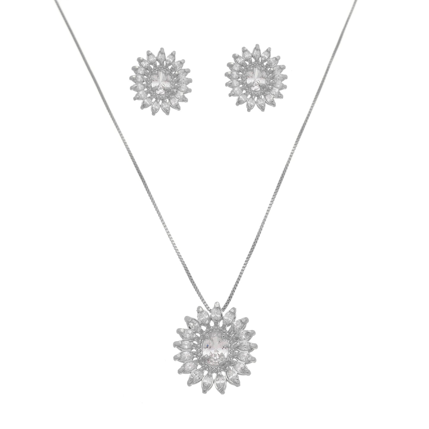 Conjunto Brinco Colar Oval Navetes Cristal Semijoia em Ródio Branco