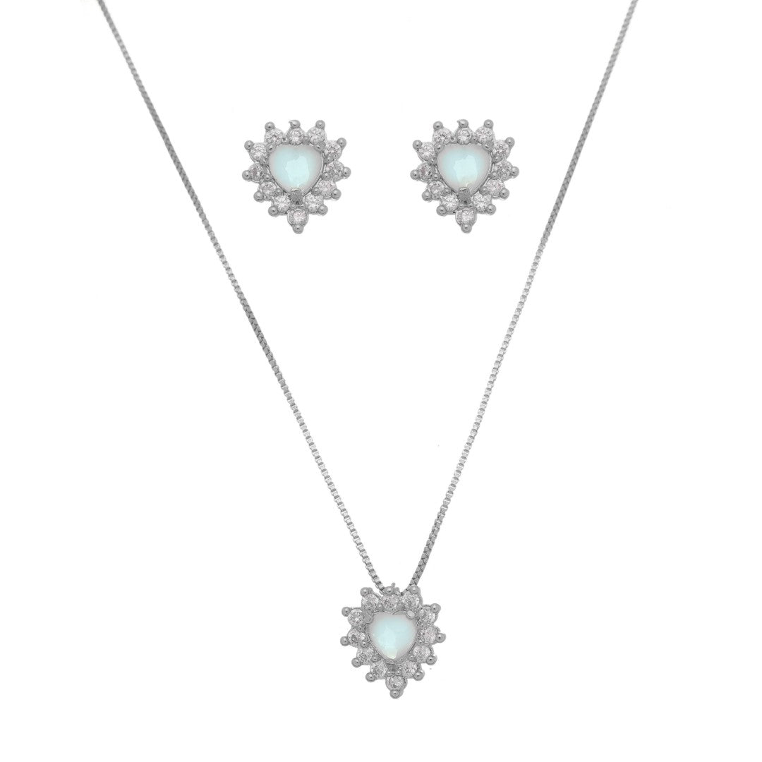 Conjunto Brinco Colar Coração Acqua Cravejado Zircônia Prata
