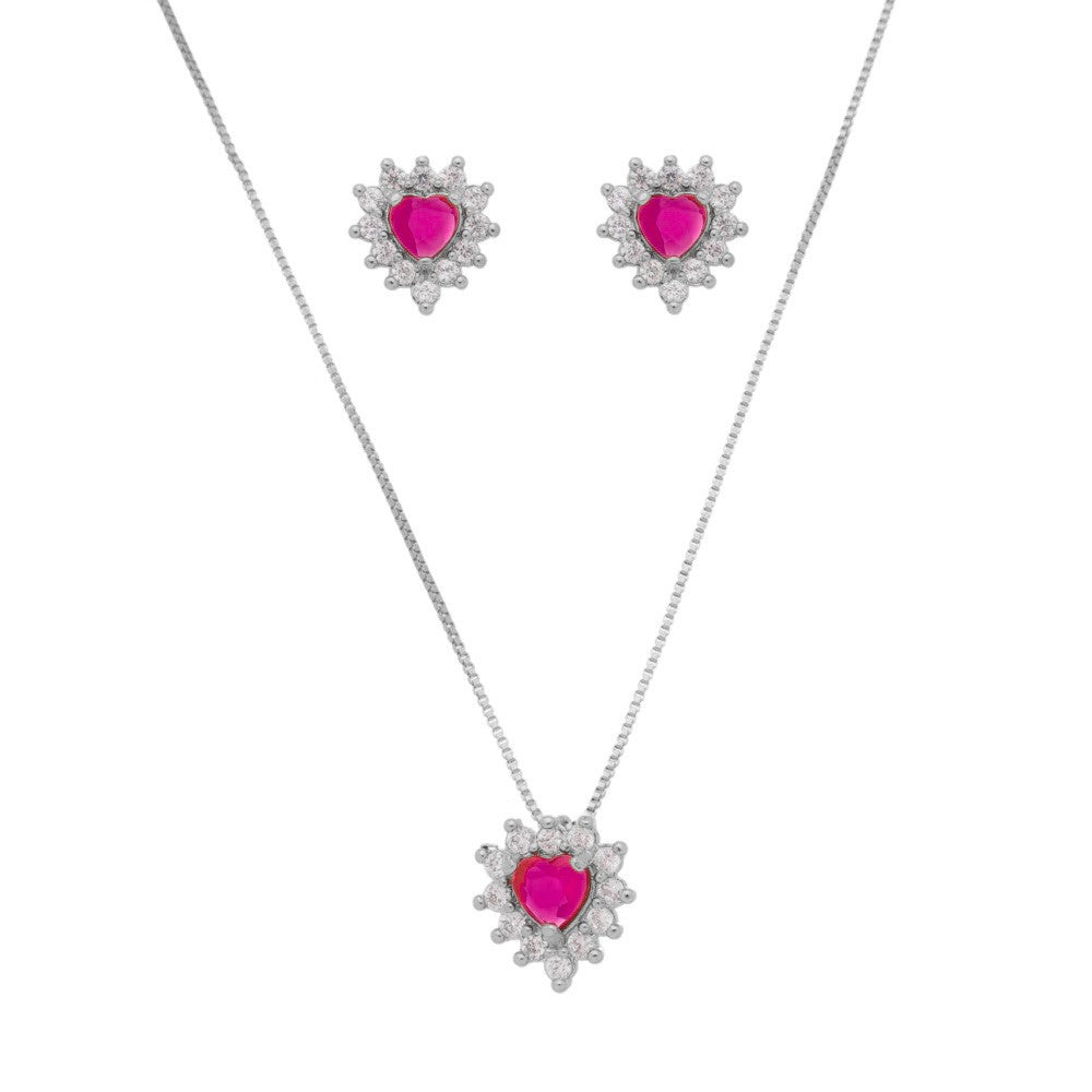Conjunto Brinco Colar Coração Pink Cravejado Zircônia Semijoia em Ródio Branco