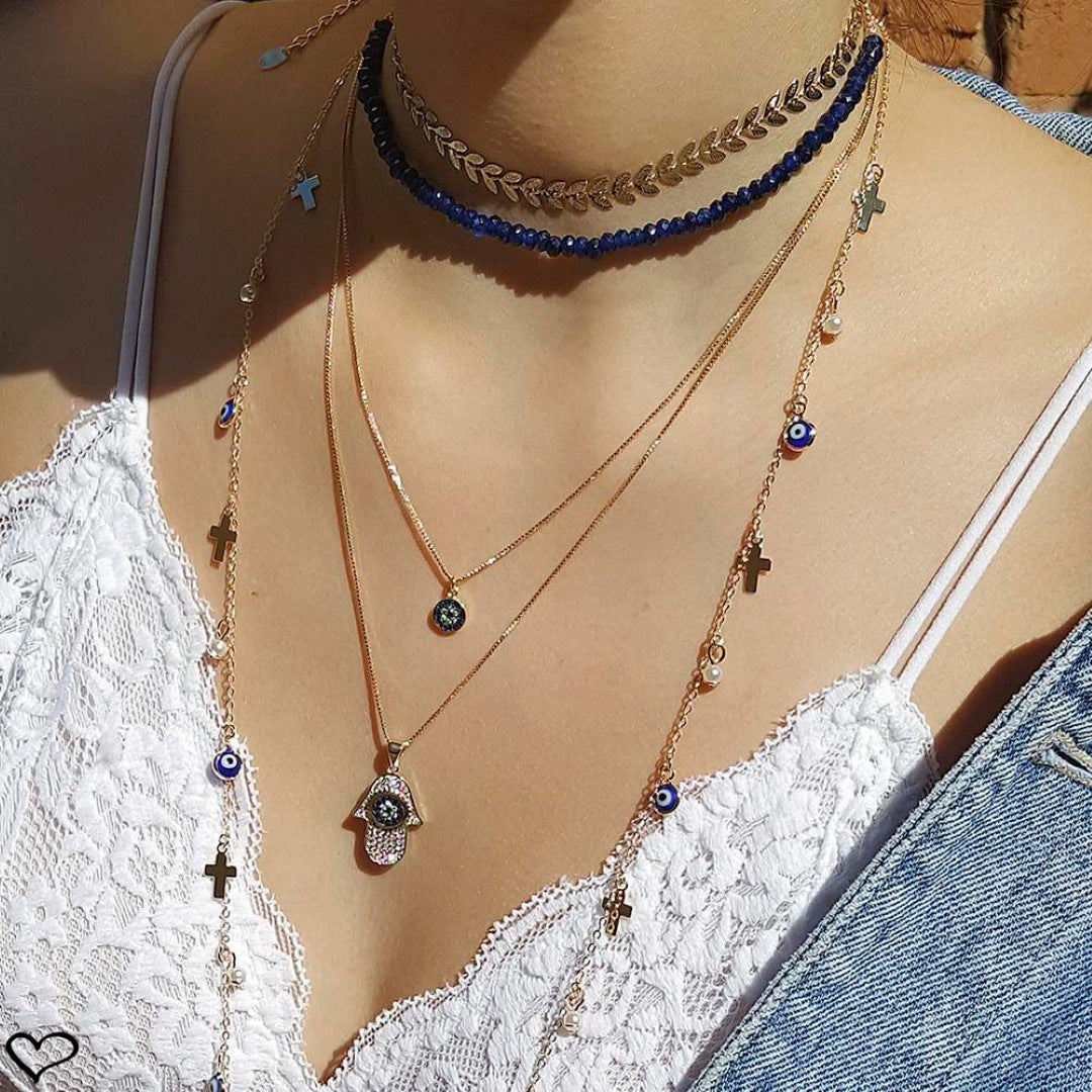 Colar Longo Piuka Luli Olho Grego Pérolas Folheado em Ouro 18k