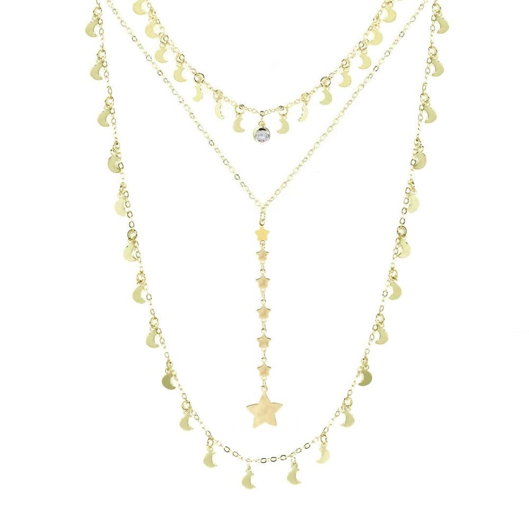 Mix 3 Colares Eclipse Lua e Estrelas Folheado a Ouro 18k Piuka