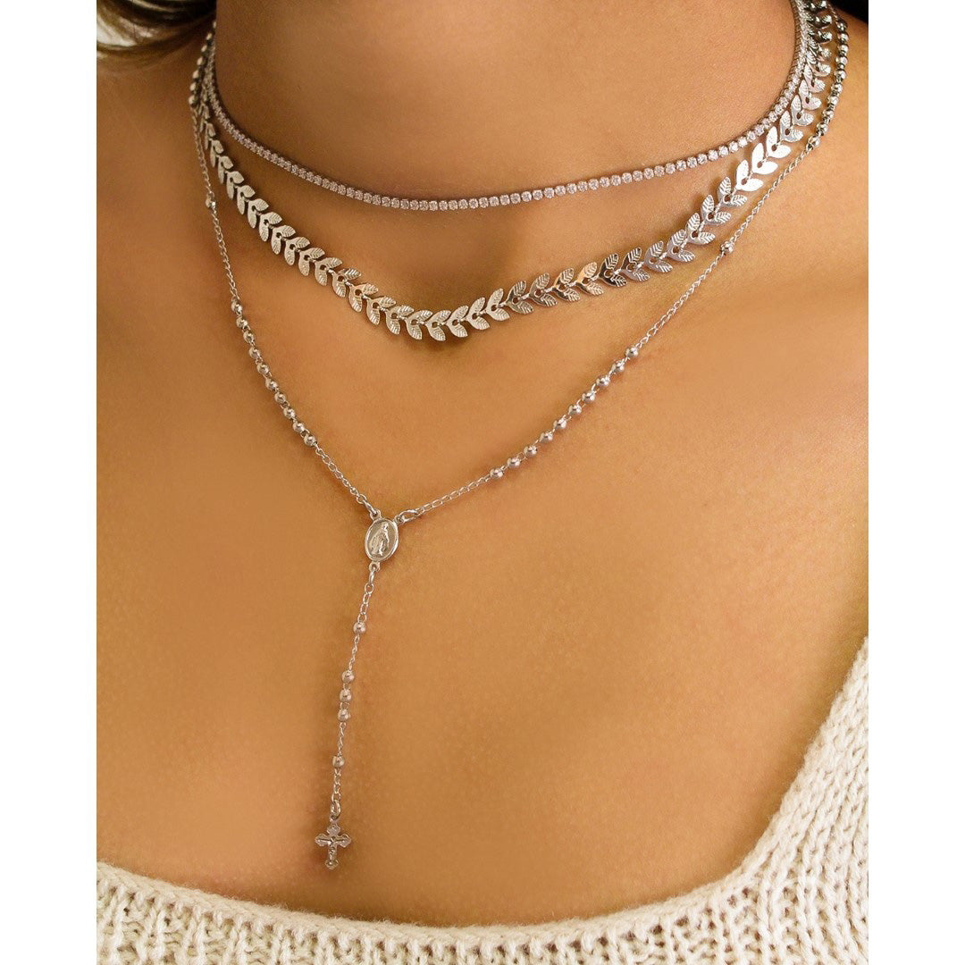 Colar Terço Nossa Senhora das Graças Folhado em Ródio Branco Piuka