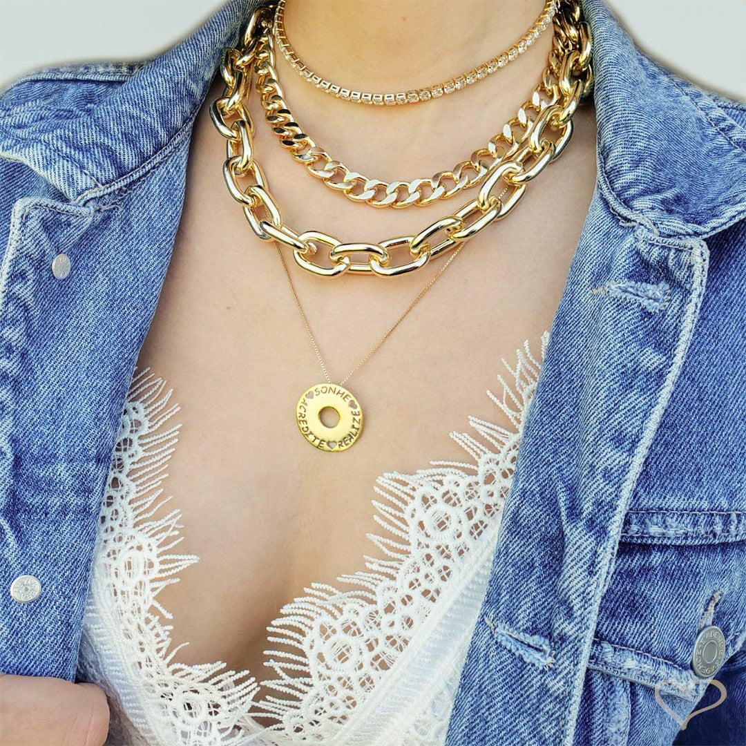 Colar Mandala Sonhe Acredite Realize Folheado a Ouro 18k