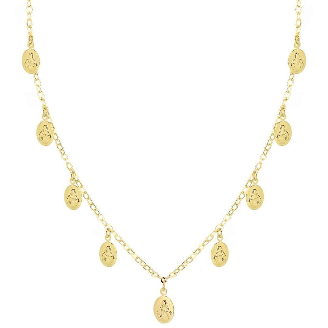 Colar Longo Medalhinhas Sagrado Coração de Jesus Folheado a Ouro 18k Piuka