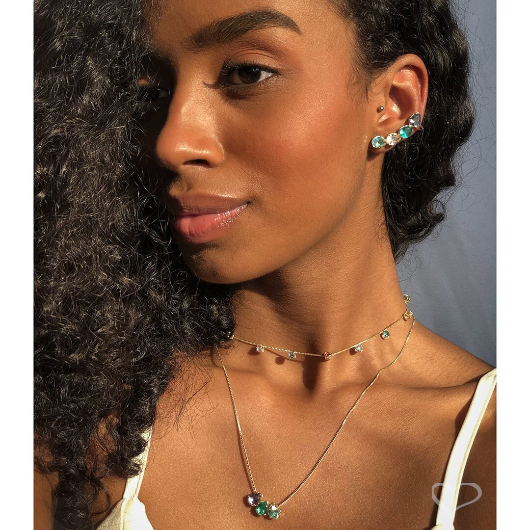 Brinco Ear Cuff Callie Gotas Zircônias Coloridas Folheado a Ouro 18k Piuka