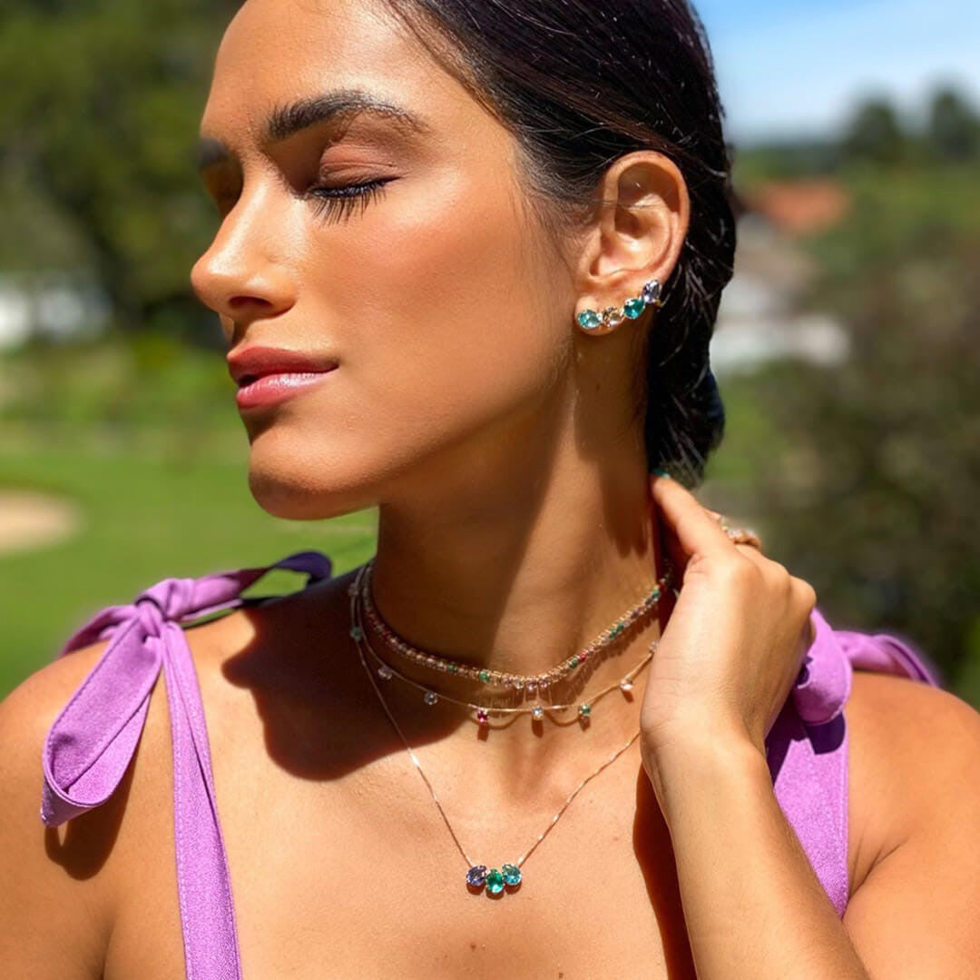 Brinco Ear Cuff Callie Gotas Zircônias Coloridas Folheado a Ouro 18k Piuka