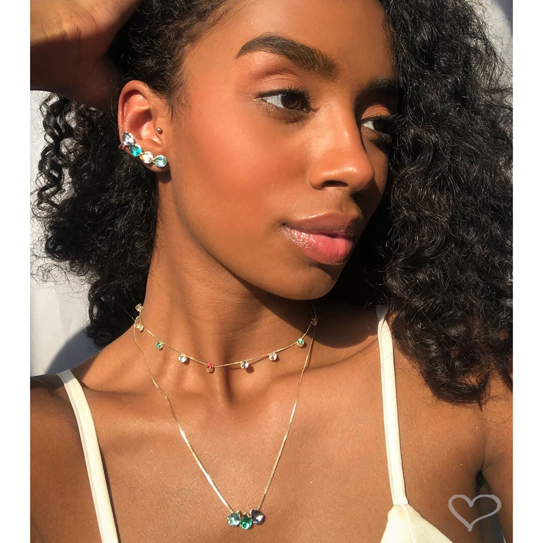Brinco Ear Cuff Callie Gotas Zircônias Coloridas Folheado a Ouro 18k Piuka
