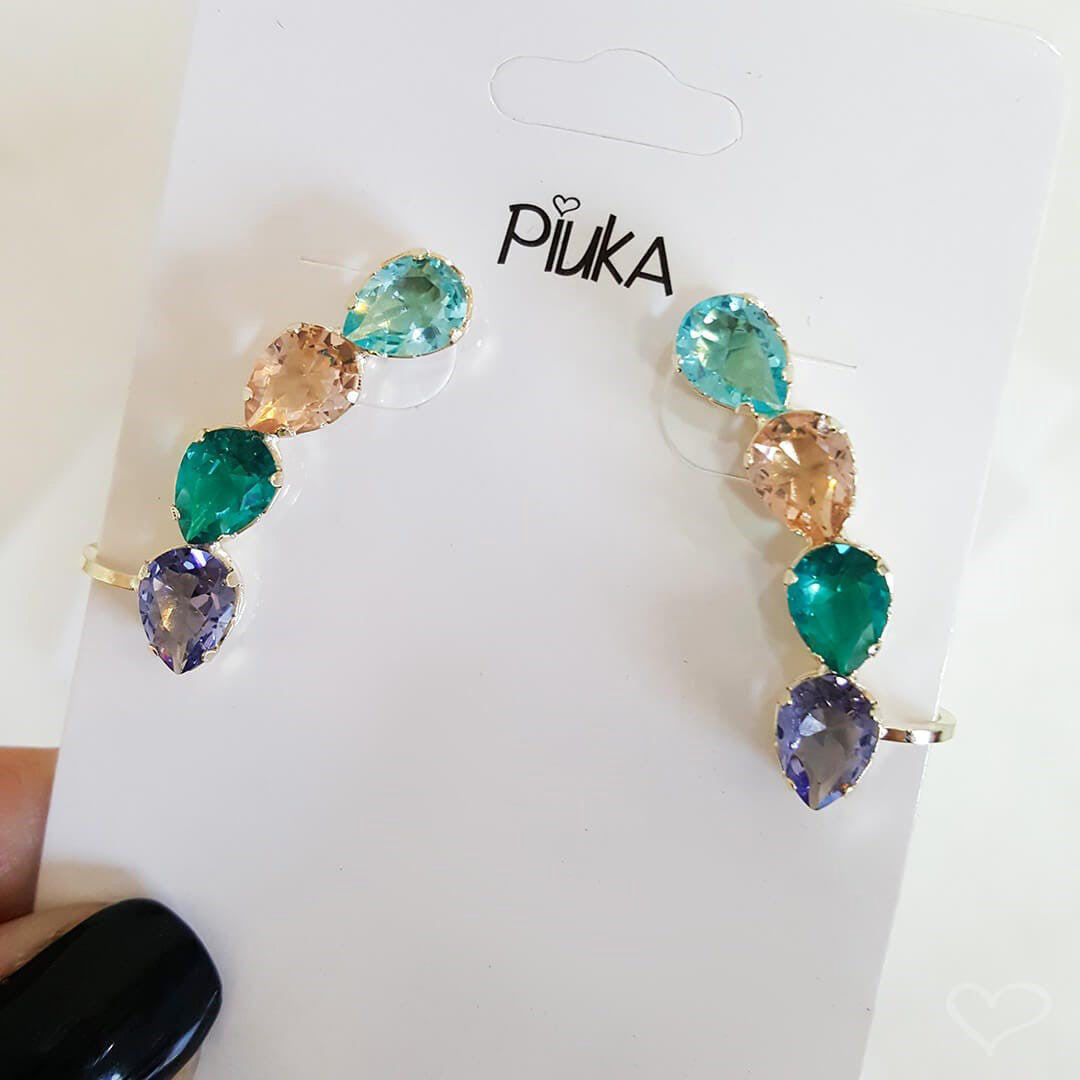 Brinco Ear Cuff Callie Gotas Zircônias Coloridas Folheado a Ouro 18k Piuka