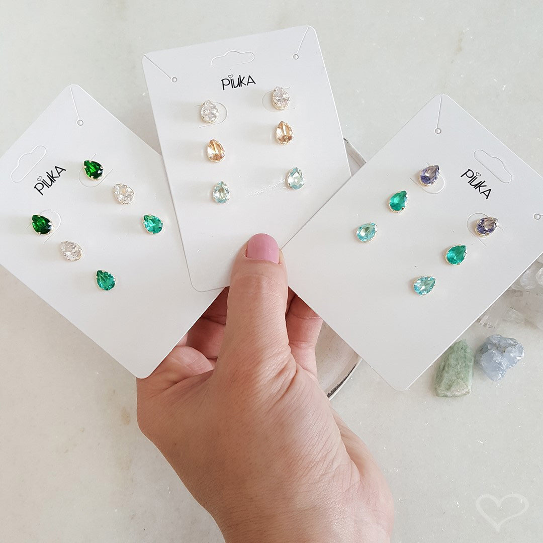 Trio de Brincos Sammy Gotas Zirconia Colorida Folheado a Ouro 18k Piuka
