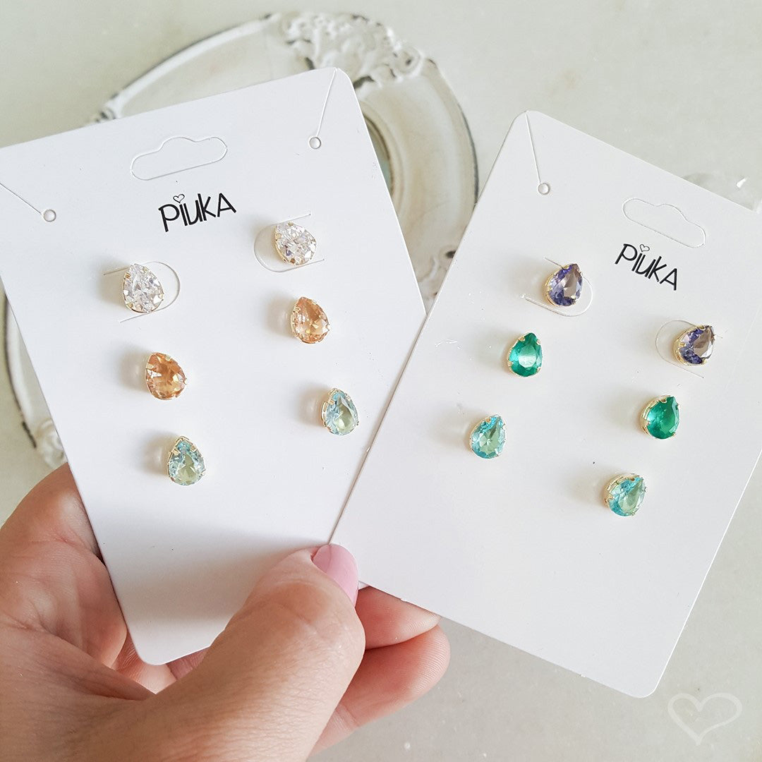 Trio de Brincos Sammy Gotas Zirconia Colorida Folheado a Ouro 18k Piuka