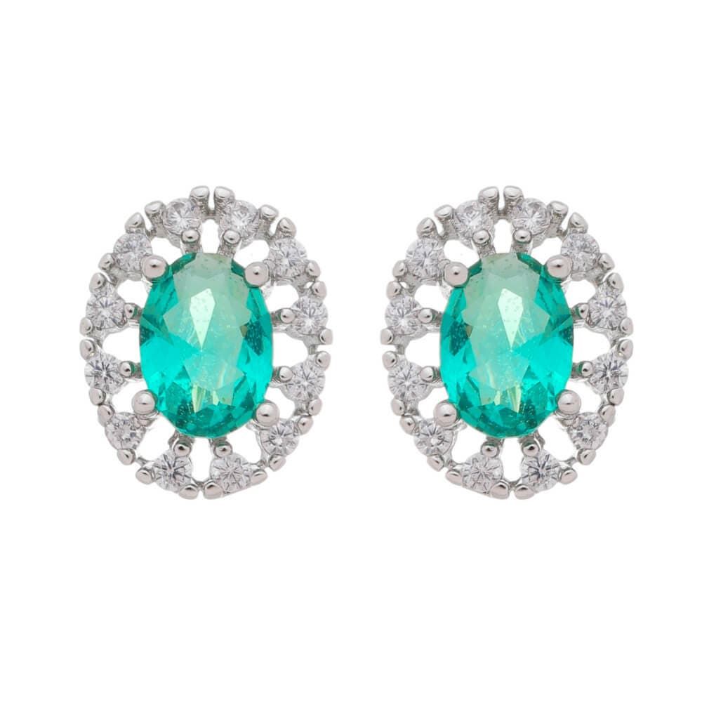 Brinco Oval Vazado Acquamarine Cravejado Zircônia Folheado em Ródio Branco