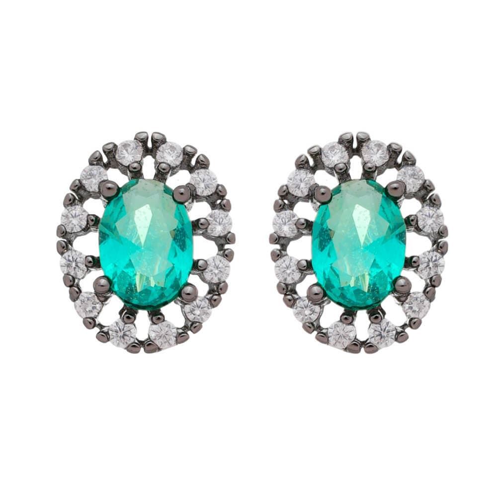 Brinco Oval Vazado Acquamarine Cravejado Zircônia Folheado em Ródio Negro Piuka