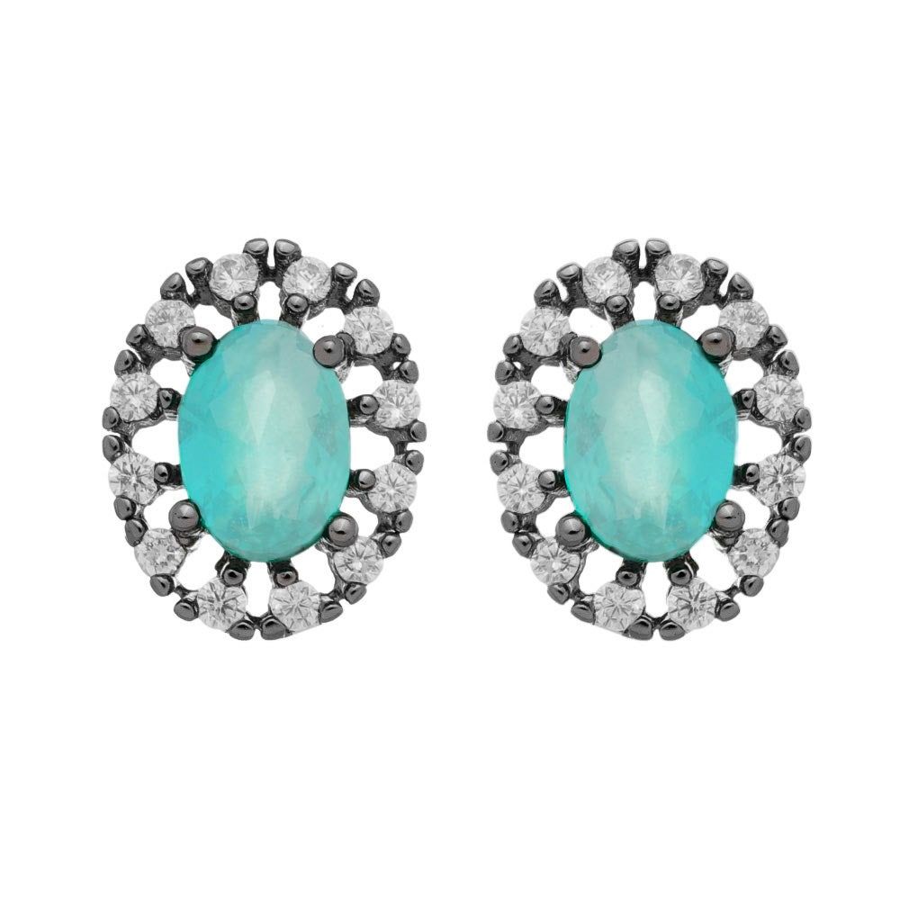 Brinco Oval Vazado Acqua Cravejado Zircônia Folheado em Ródio Negro Piuka