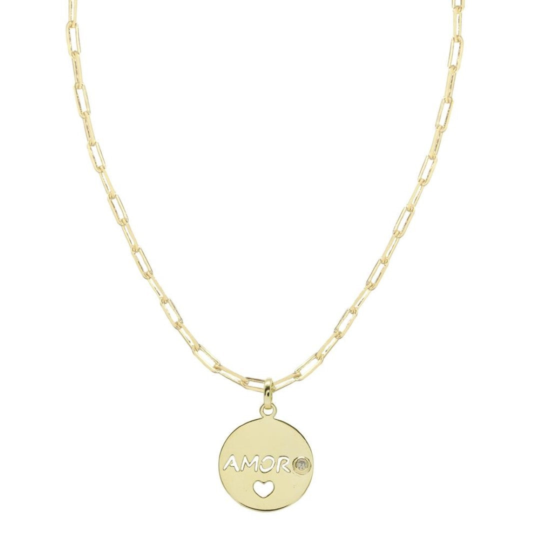 Colar Feminino Medalha Pequena Amor Zircônia Folheado a Ouro 18k