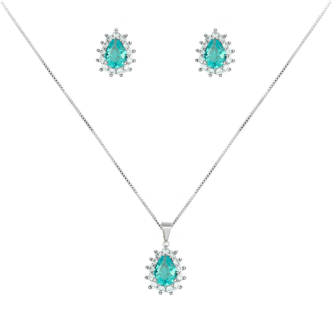 Conjunto Brinco e Colar Gota Pequena Turmalina Cravejado Zircônia Folheado em Ródio Branco