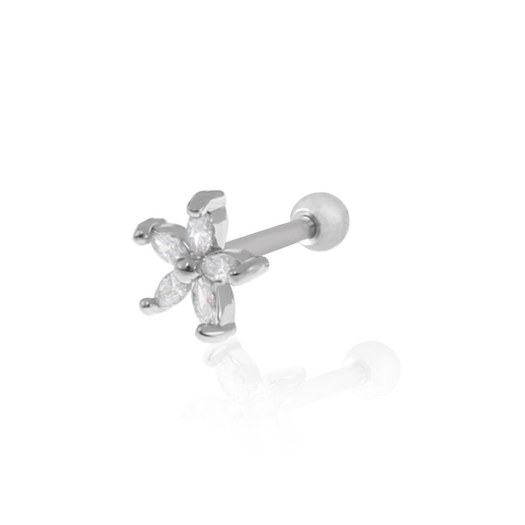 Piercing de Furo Haste 6mm Flor Navete Zircônia Prata Piuka
