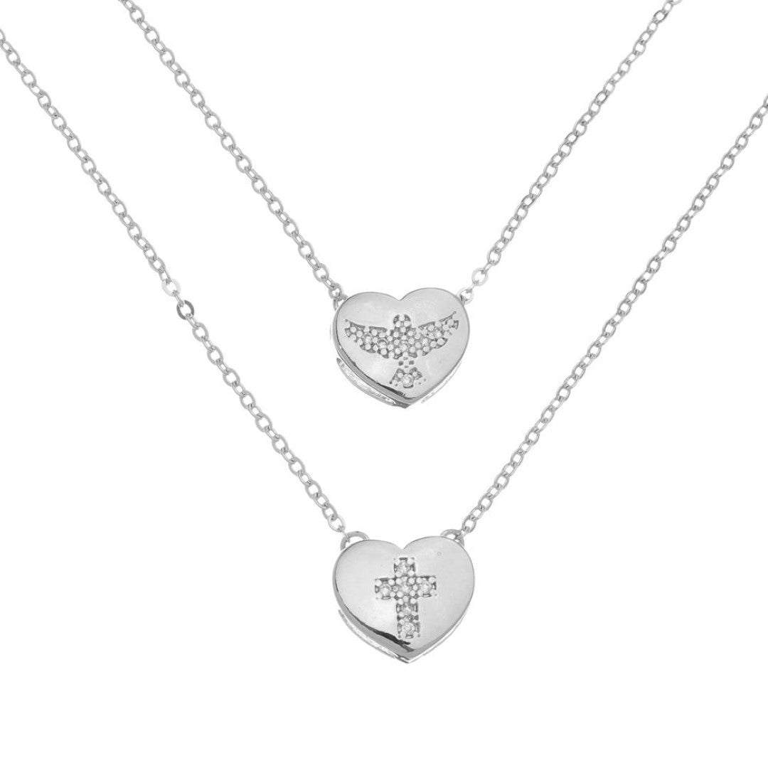 Escapulário Feminino Coração Espirito Santo Folheado em Ródio Branco Piuka