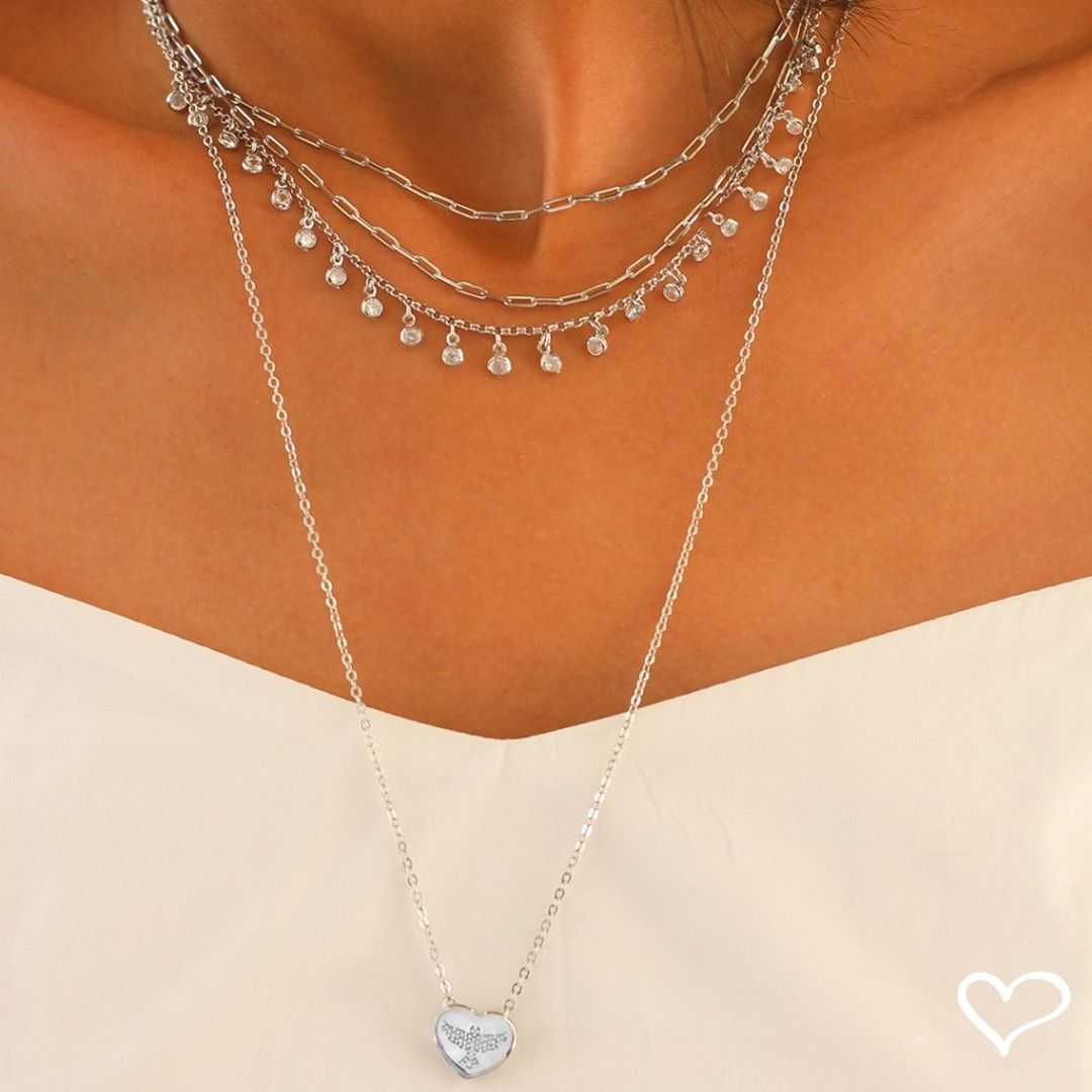 Escapulário Feminino Coração Espirito Santo Folheado em Ródio Branco Piuka