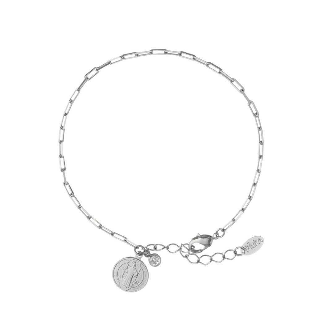 Pulseira São Bento Pingente Folheado em Ródio Branco Piuka