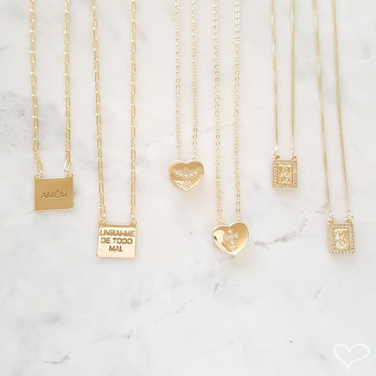 Escapulário Feminino Coração Espirito Santo Folheado a Ouro 18k Piuka