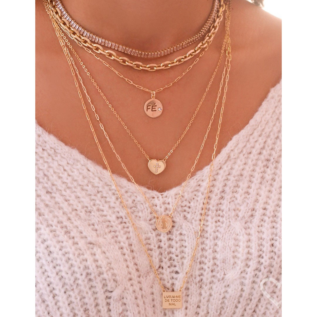 Escapulário Feminino Coração Espirito Santo Folheado a Ouro 18k Piuka