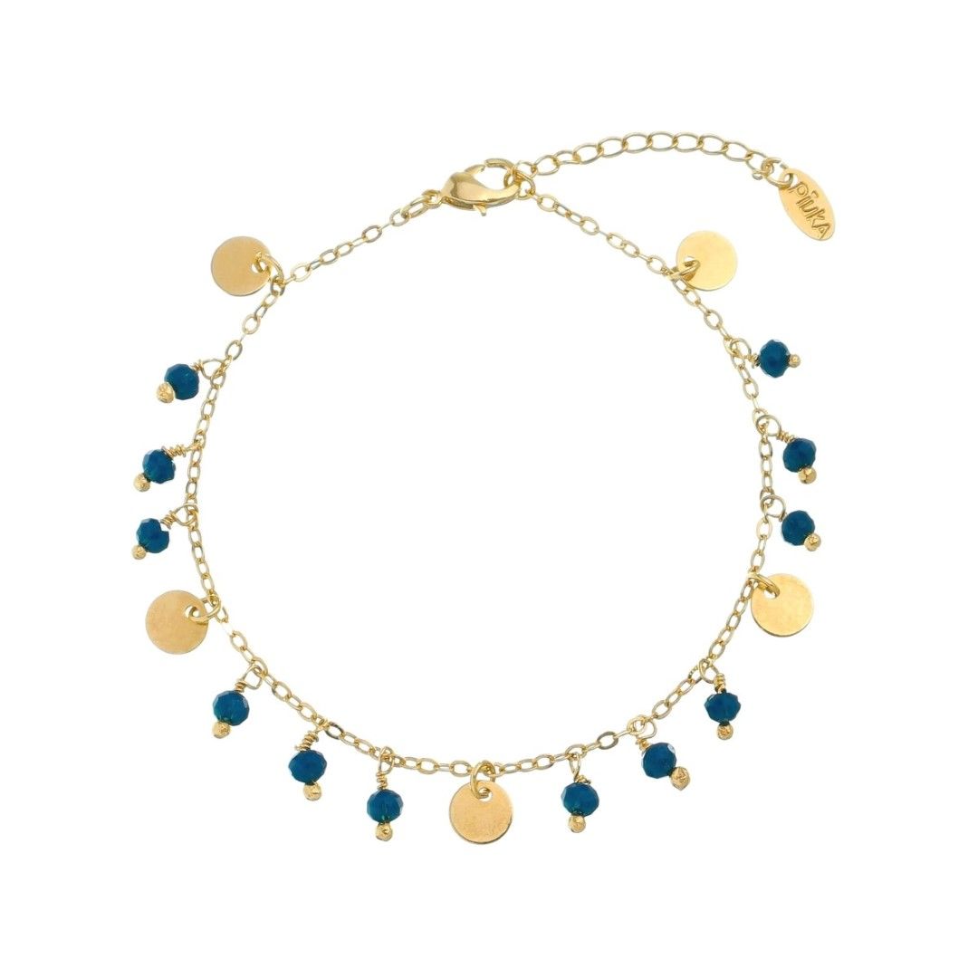 Pulseira Piuka Diely Medalhinhas e Cristais Azul Folheada a Ouro 18k