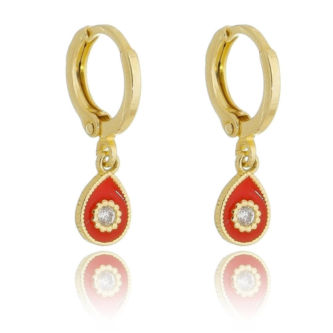 Brinco Argolinha Tina Gota Vermelha Zircônia Folheado a Ouro 18k