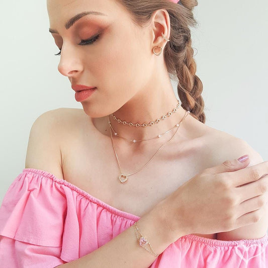 Pulseira Piuka Ajude Hcc Coração Zircônia Rosa Folheado a Ouro 18k