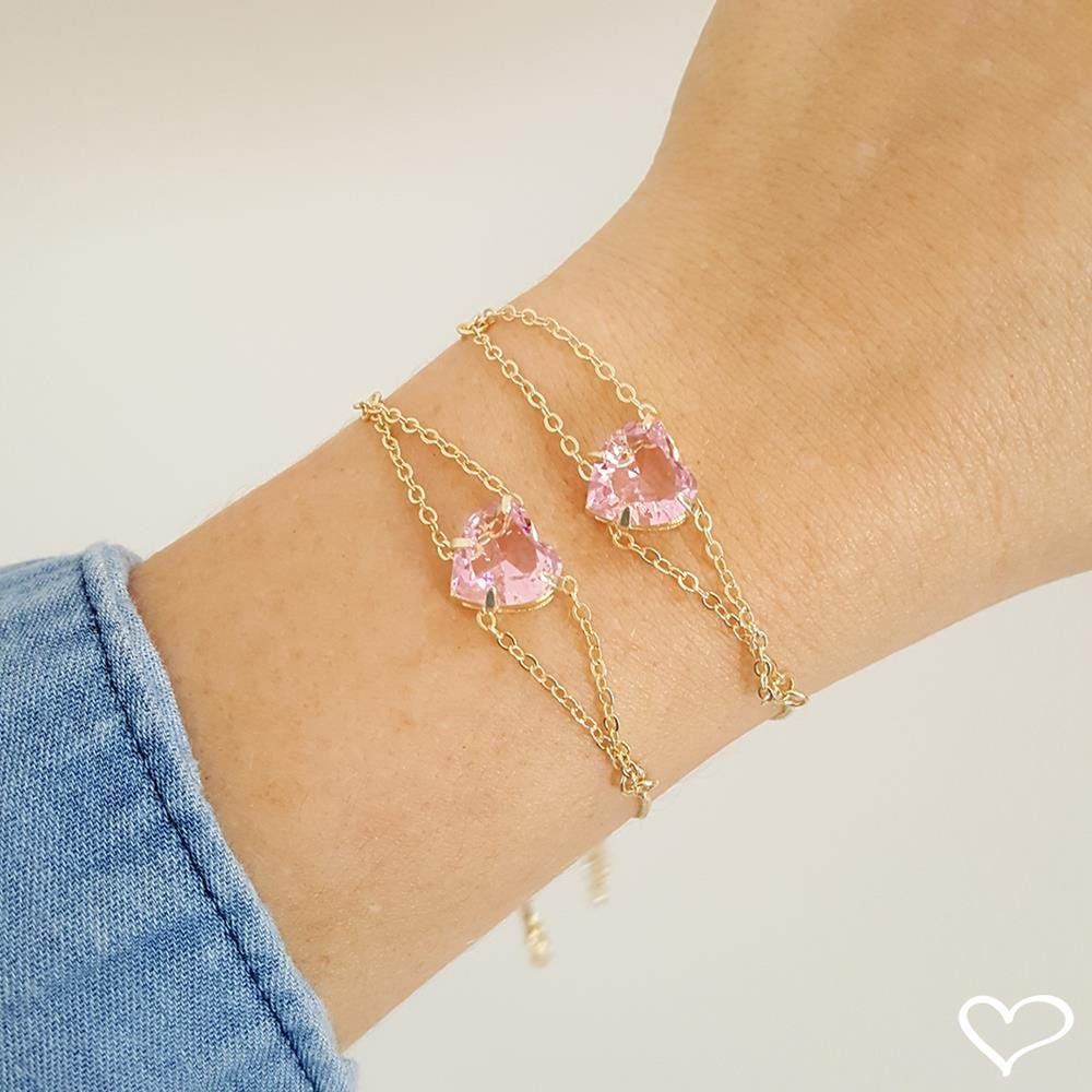 Pulseira Piuka Ajude Hcc Coração Zircônia Rosa Folheado a Ouro 18k