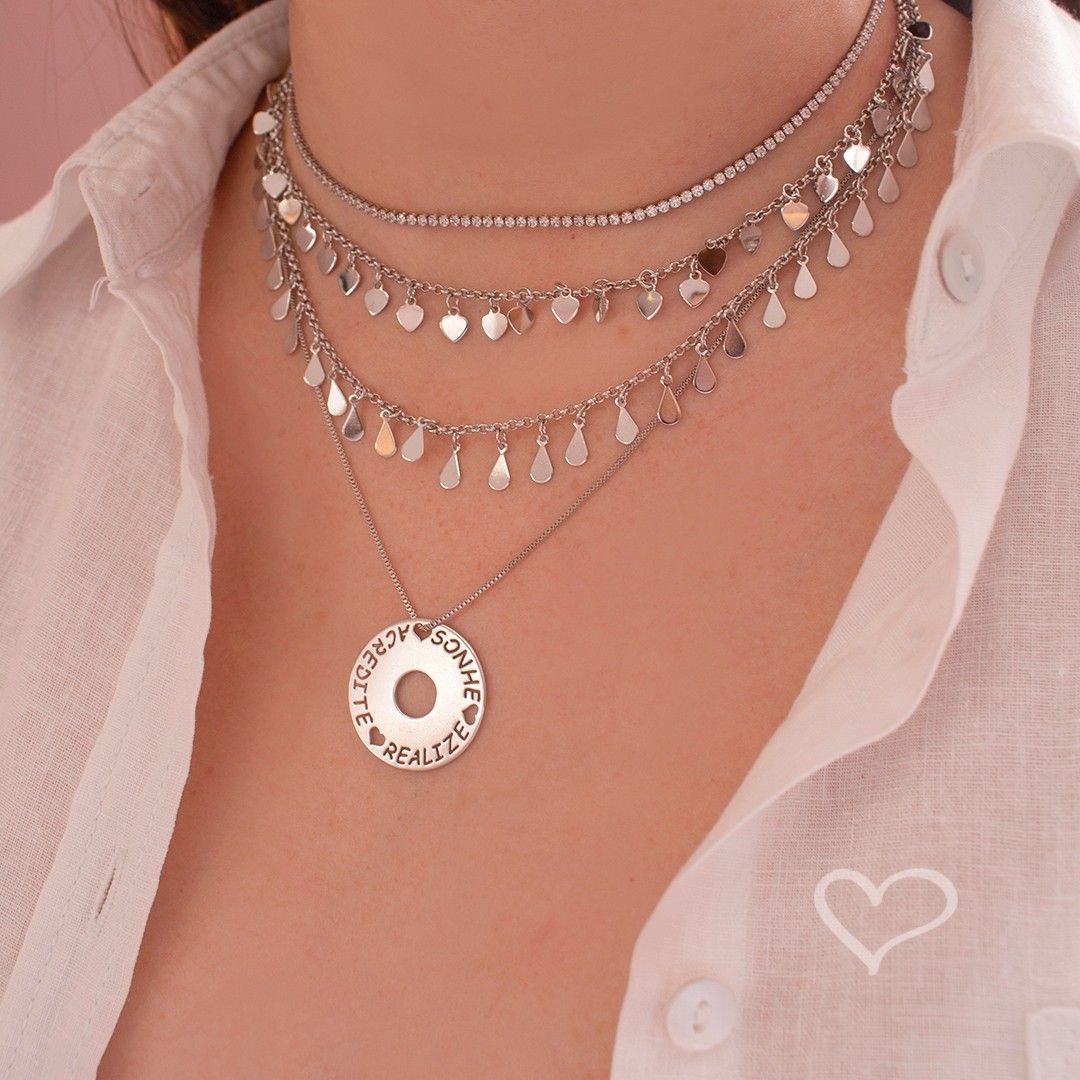 Choker Piuka Flora Corações e Gotas Folheada em Ródio Branco