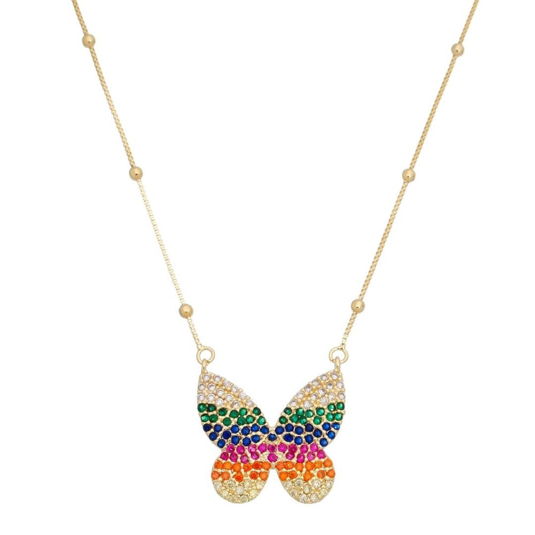 Colar de Borboleta Cecil Zircônias Coloridas Folheado a Ouro 18k