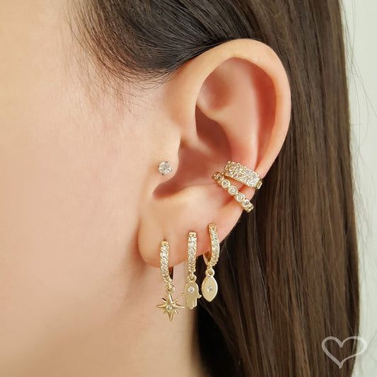 Piercing de Pressão Mimi Duas Fileiras Zircônias Cristal Folheado a Ouro 18k