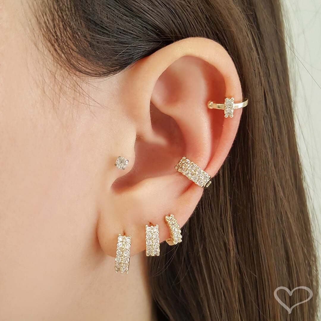 Piercing de Pressão Mimi Duas Fileiras Zircônias Cristal Folheado a Ouro 18k