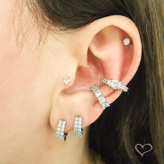 Trio de Brincos Argolinha Pri Zircônias Folheado em Ródio Branco