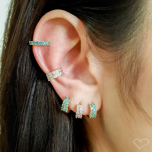 Brinco Argolinha Pri Duas Fileiras Zircônia Turmalina Folheado a Ouro 18k