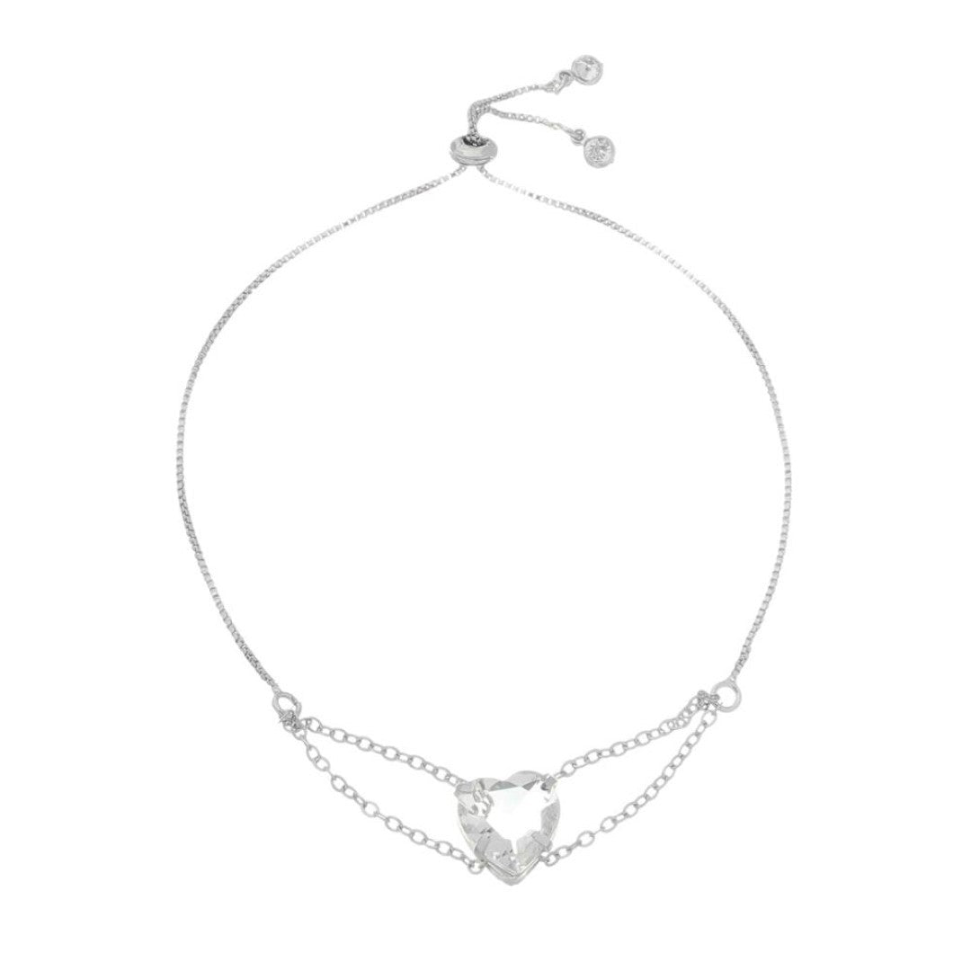 Pulseira Ajustável Folheada em Ródio Branco Coração Zircônias Cristal Breila