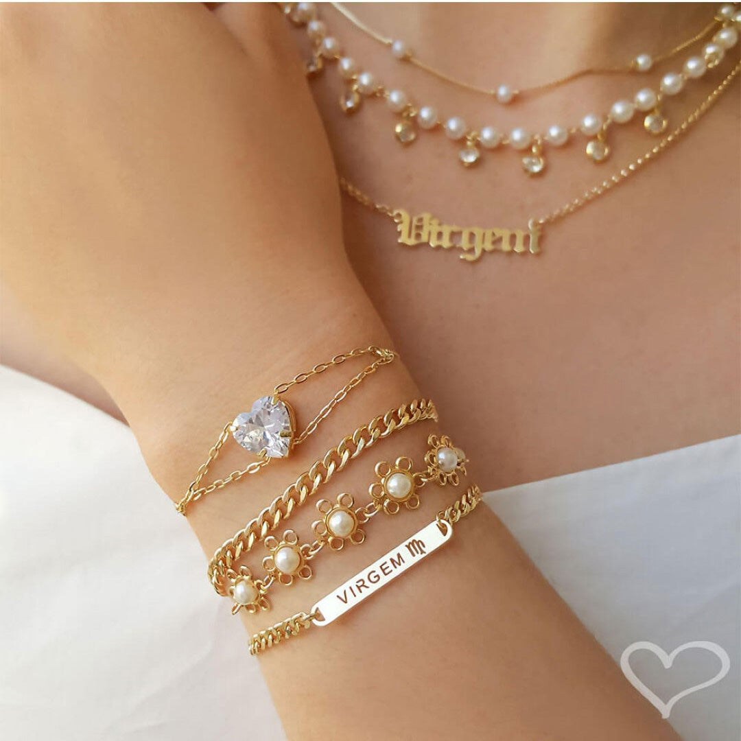 Pulseira Folheada a Ouro 18k Ajustável Coração Zircônias Cristal Breila