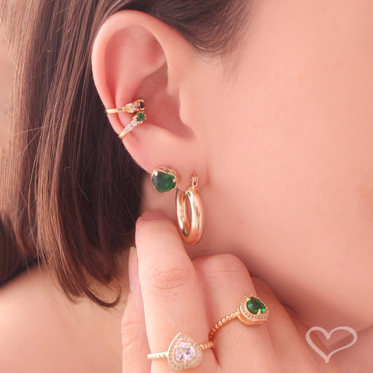 Kit Três Brincos Lela Zircônia Coração Esmeralda Folheado a Ouro 18k