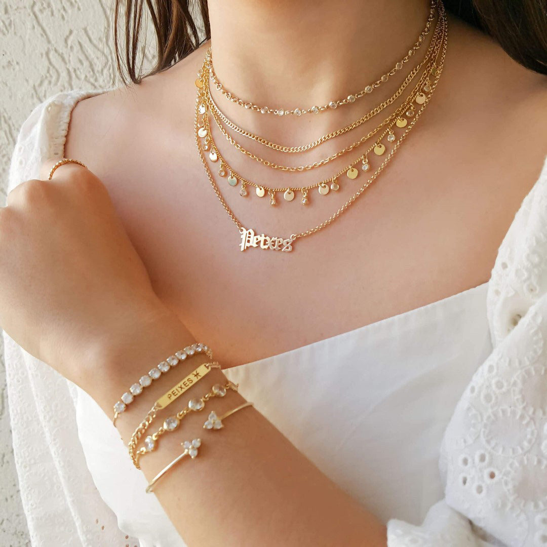 Pulseira Ajustável Folheada a Ouro 18k Riviera Chiara Zircônia Média Cristal
