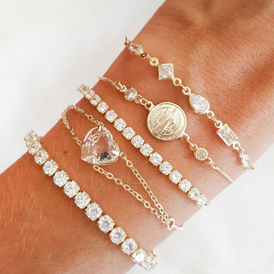 Pulseira Ajustável Folheada a Ouro 18k Riviera Chiara Zircônia Média Cristal
