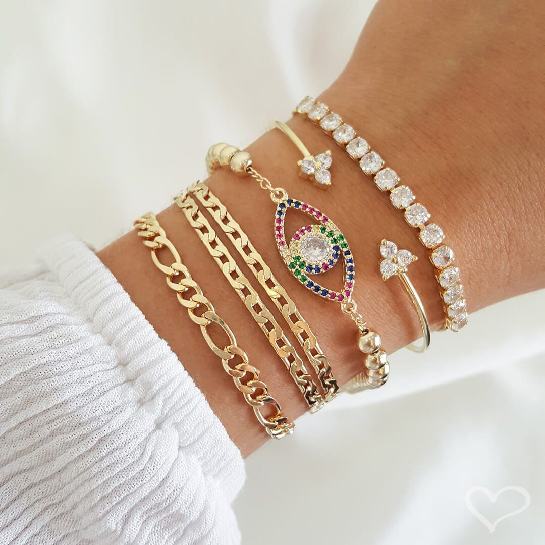 Pulseira Olho Grego Zircônias Coloridas Folheada a Ouro 18k Rebeca