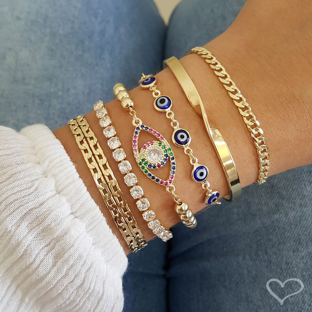 Pulseira Olho Grego Zircônias Coloridas Folheada a Ouro 18k Rebeca