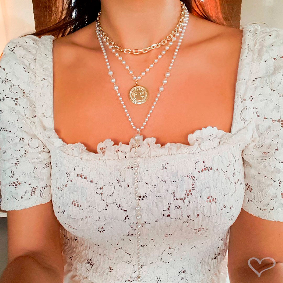 Choker Medalha São Bento Pérolas Folheado a Ouro 18k
