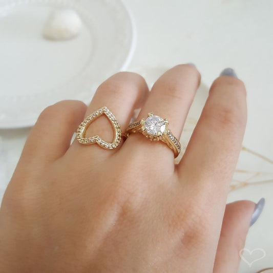 Anel Piuka Leni Coração Vazado Zircônia Cristal Folheado a Ouro 18k