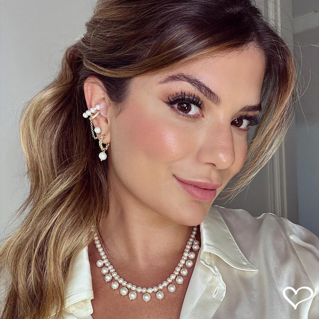 Brinco Ear Line Aline Pérola e Zircônia Cristal Folheado a Ouro 18k