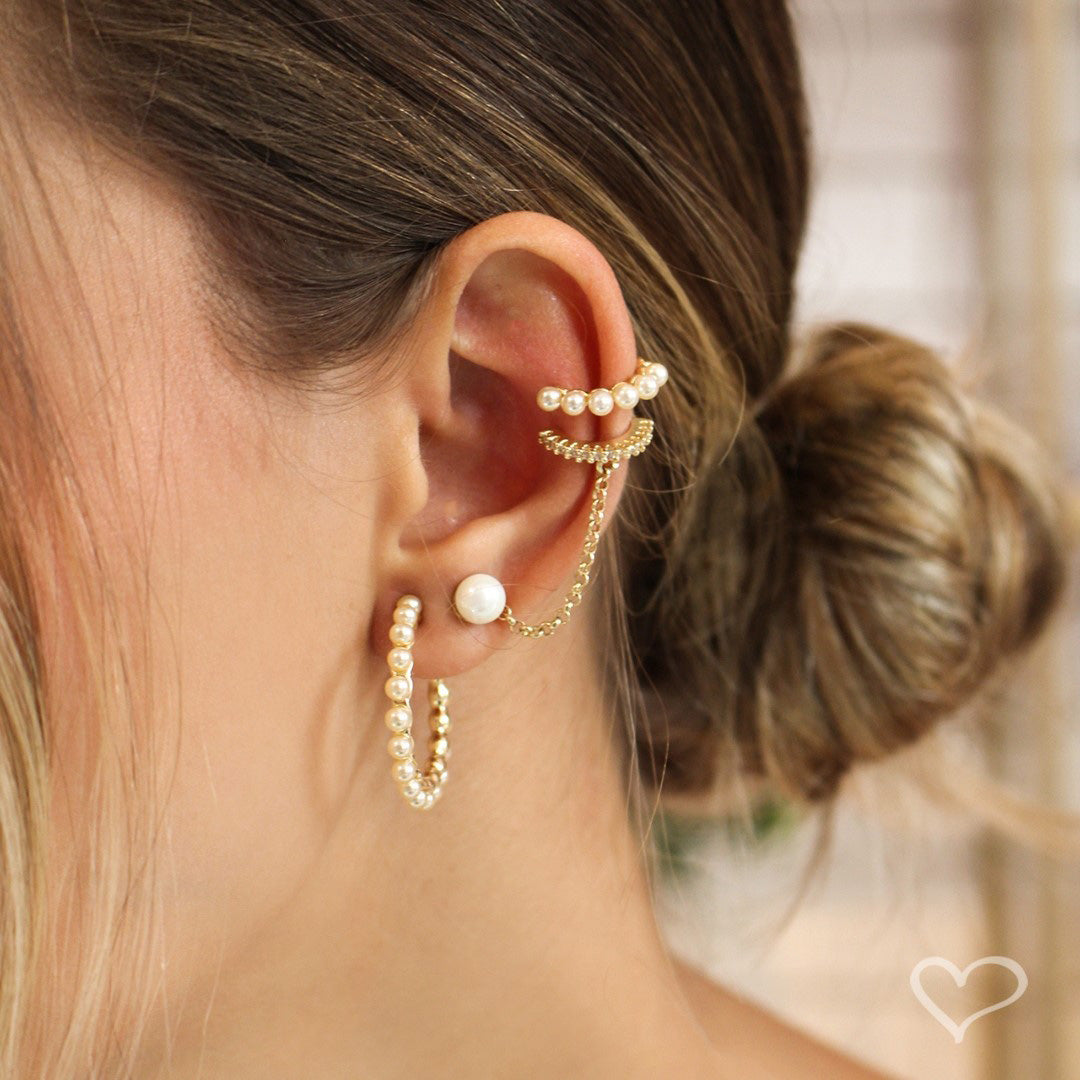 Brinco Ear Line Aline Pérola e Zircônia Cristal Folheado a Ouro 18k